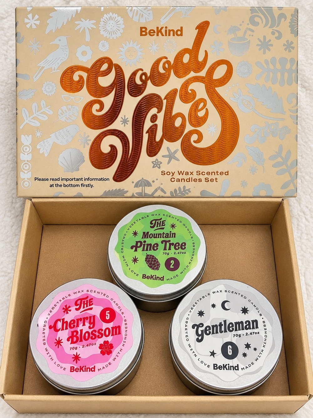 BeKind Good Vibes Soy Wax Scented Candle Gift Set 3 Tins